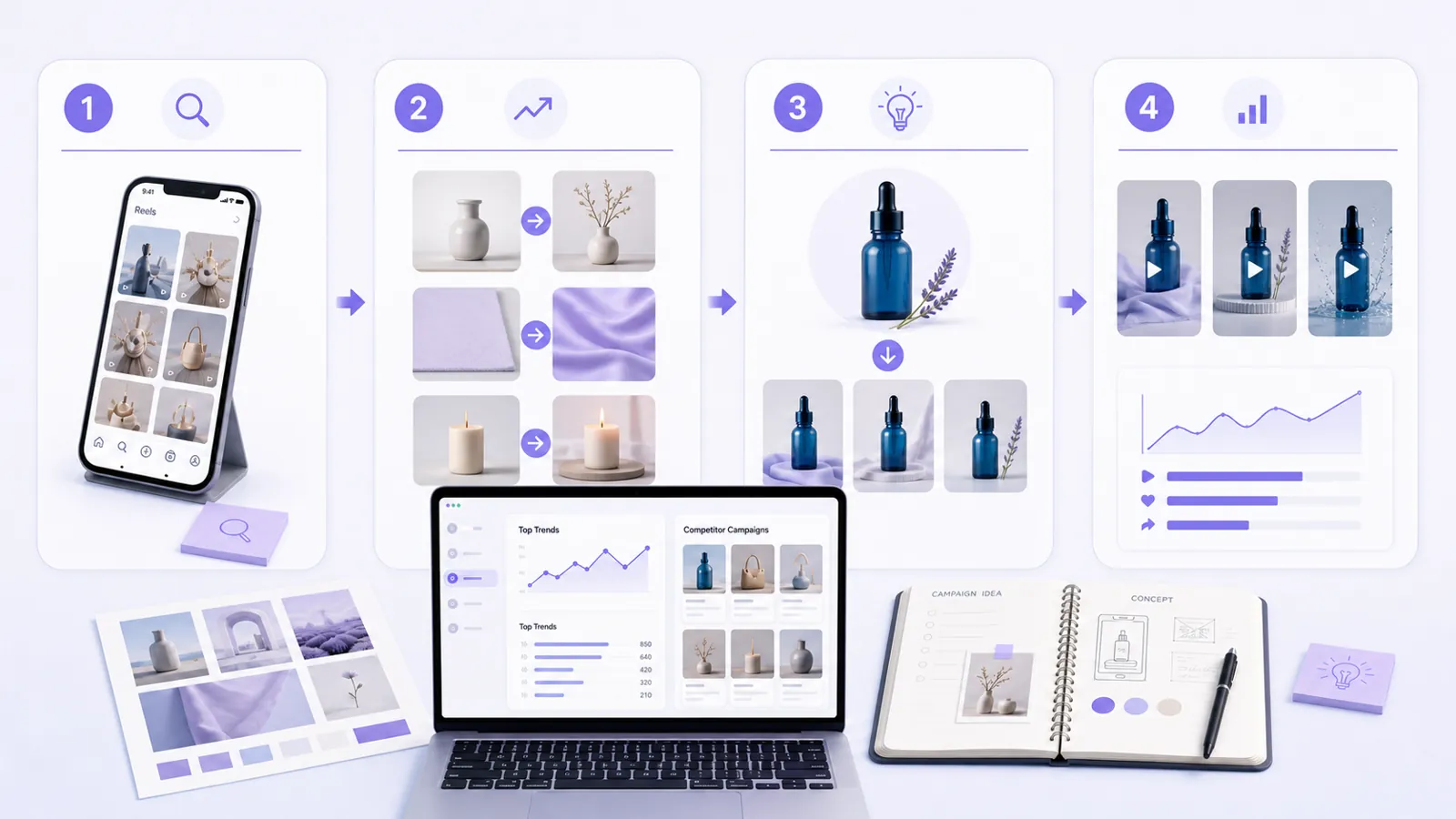 The four-step creator campaign process: research trending content, identify patterns, adapt the trend to your brand, test multiple variations