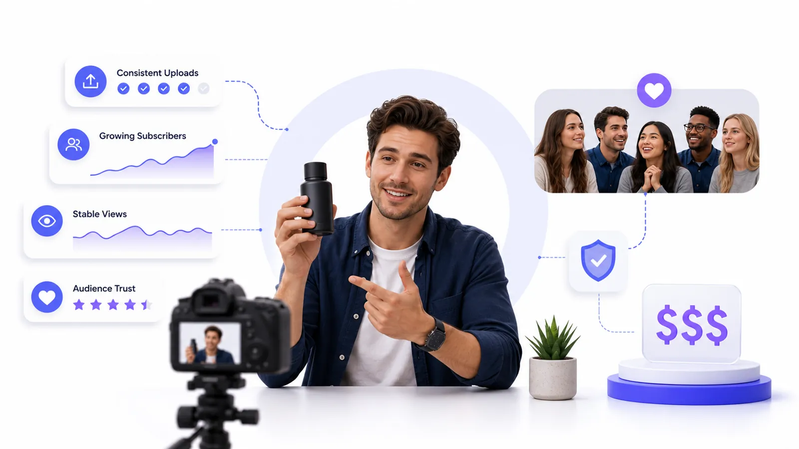 A trusted creator presents a product to an engaged audience, with consistent uploads, growing subscribers, stable views and audience trust